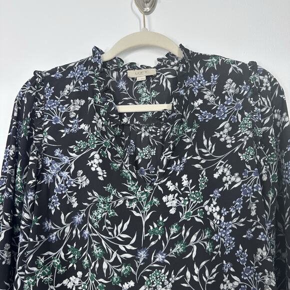 Loft Womens XS Dark Floral V-neck Long Sleeve Career Workwear Blouse Semi Sheer - Picture 2 of 5